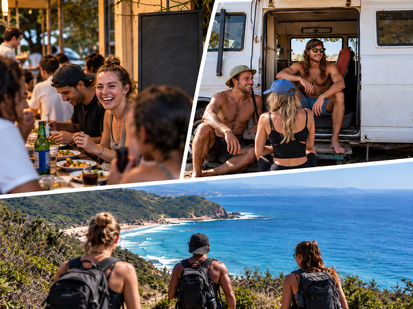 Illustrative generated collage: travellers sharing a hostel table, friends beside a campervan and a coastal walk